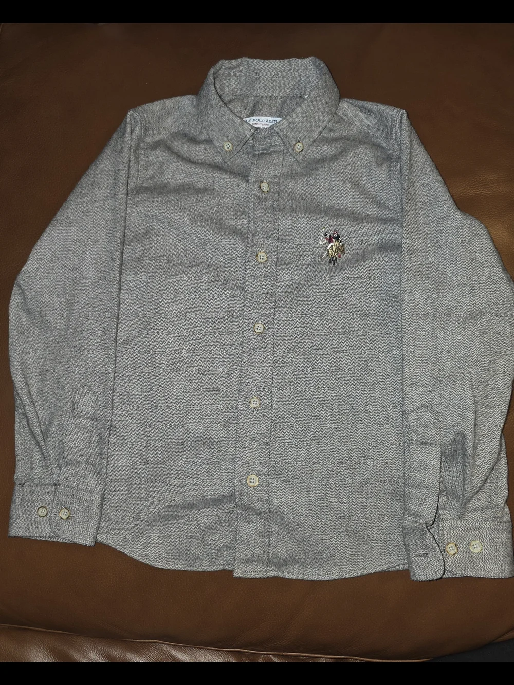 US Polo Greyish Brown Button-Down Shirt with Embroidered Polo Player